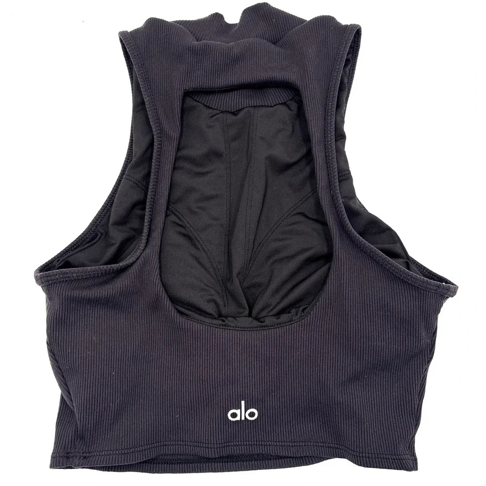 Alo Yoga Goddess Rib Cropped Dynamite Bra Black Mock Neck Tank Womens Small